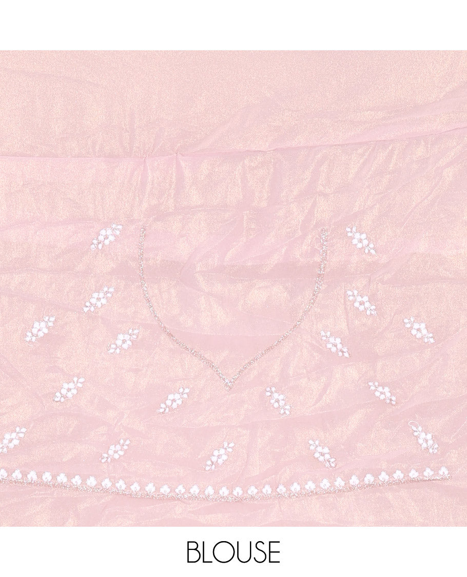 Lavender Shimmer Chiffon Saree, Artfully Detailed with Floral Embroidery on Its Body, Scallop Floral Embroidery Border, a Self-Pallu, and Paired with a Matching Embroidered Blouse