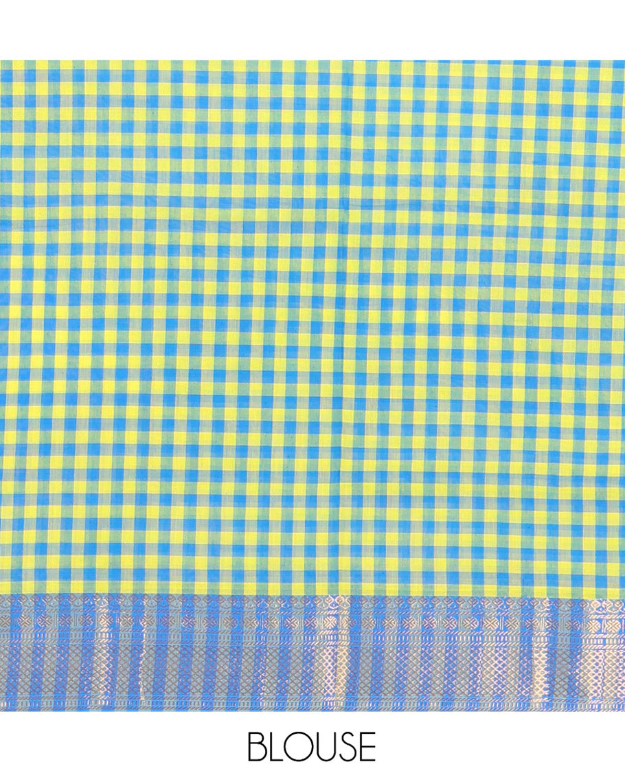 Lemon Yellow-Blue Chettinad Cotton Saree, Adorned with Vintage Checks, Contrast Traditional Border, Striped Pallu, and Matching Blouse