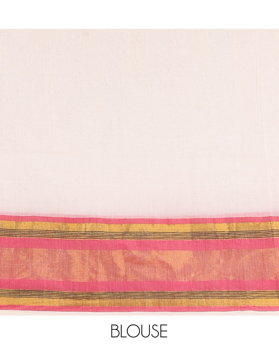 Cream Plain Khadi Mul Cotton Saree, Complemented by a Contrast Pink Border, a Self-Pallu, and a Matching Blouse