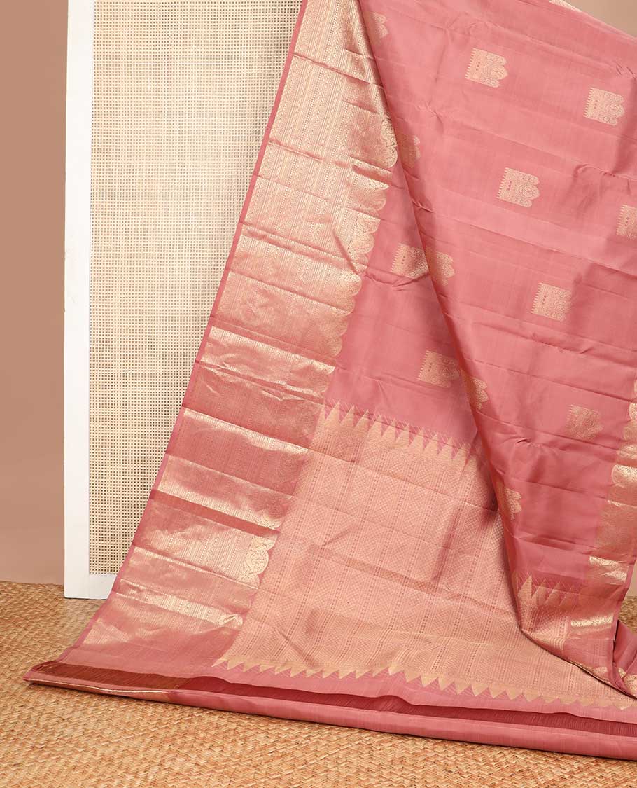 Brown buttas kancheepuram silk saree with intricate zari design border & geometric design pallu