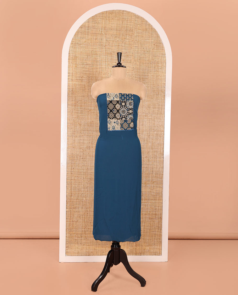 Blue Material Chudidhar Set, Embellished with Ajrakh-Style Print and Mirror Work Fox Georgette Top, Santoon Plain Bottom, and Georgette Dupatta of Ajrakh Print and Mirror Work
