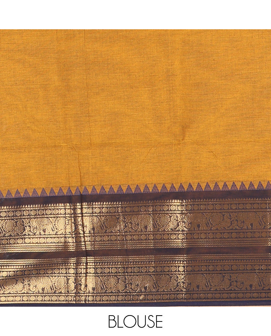 Mustard Plain Chettinad Cotton Saree, Complemented by a Contrast Rettai Pettu Zari Border of Thread-Temple, Coin, Elephant, and Peacock Designs, Subtly Striped Pallu, and Paired with a Matching Blouse