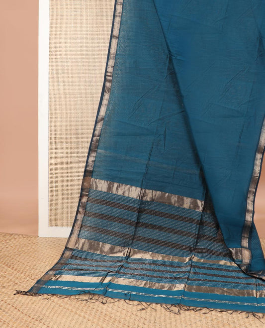 Blue maheshwari cotton saree with self  floral zari design border & striped pallu