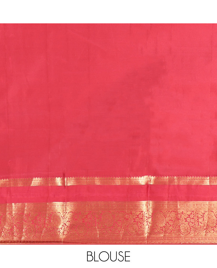 Red Budget Silk Saree, Featuring Zari Buttas, Highlighted by a Traditional Zari Rettai Pettu Border, Grand Pallu, and a Matching Blouse