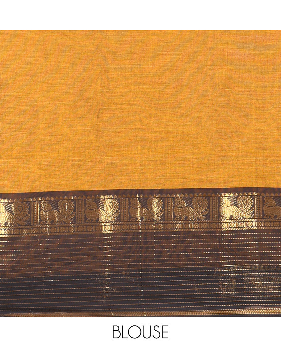 Mustard-Black Plain Chettinad Cotton Saree