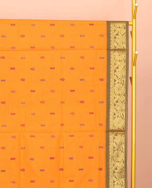 Orange Venkatagiri Cotton Saree Features Thread Buttas, a Contrast Floral Creeper Zari Border, Pallu of Buttas and Stripes, and No Blouse