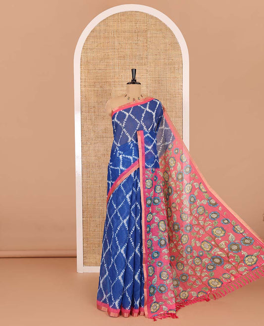 Blue argyle shibori printed linen cotton saree, contrast border, kalamkari floral vine printed pallu, and a contrast kalamkari printed blouse
