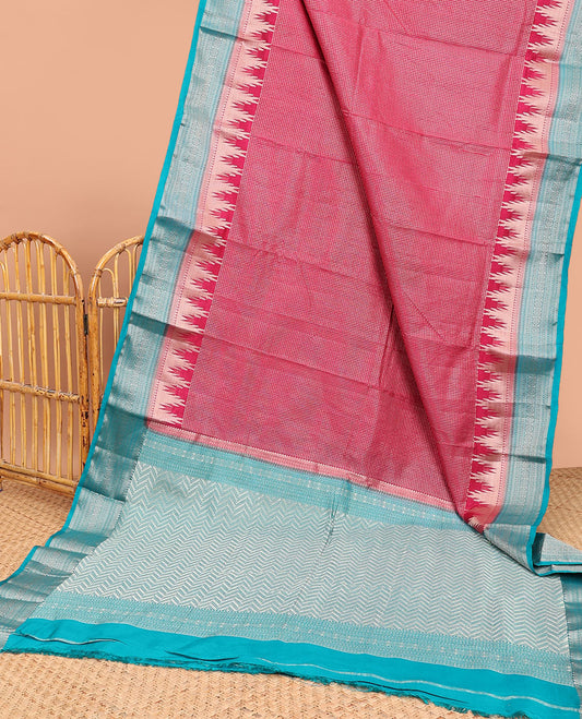 Red checked tussar saree with contrast traditional zari design border & chevron design pallu