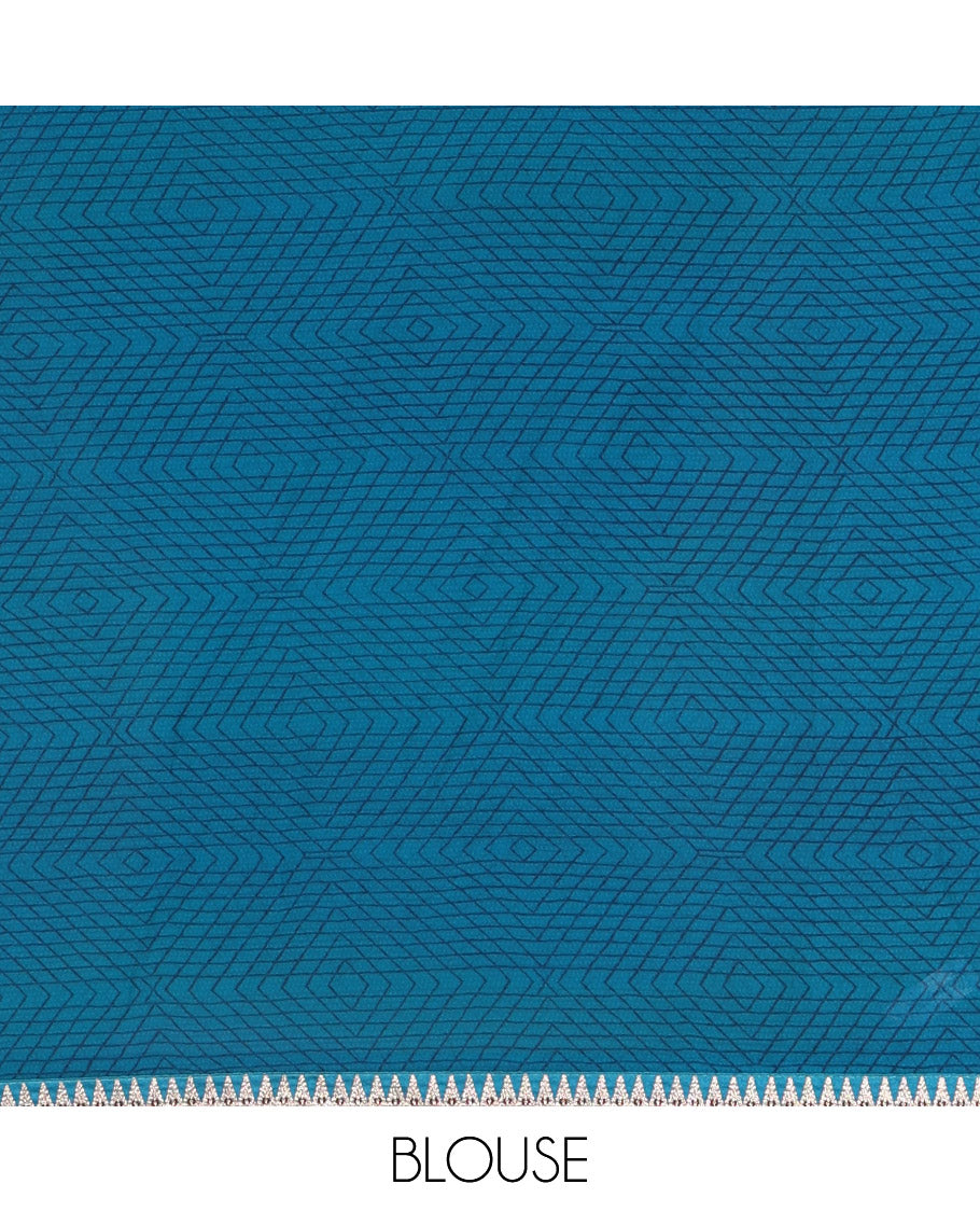 Blue Georgette Saree Colorfully Printed with Leheriya-Style Stripes, Subtly Temple Motifs Sequin Embroidered Piping Border, and Paired with a Matching Diamond-Patterns Printed Blouse