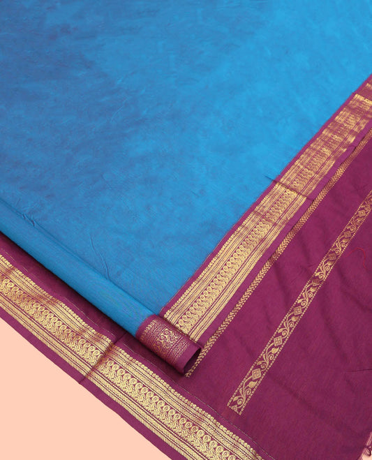 Blue Plain Nine Yard Cotton Saree, Complemented by Contrast Traditional Zari Design Border, Pallu of Traditional Designs, and Comes Without a Blouse