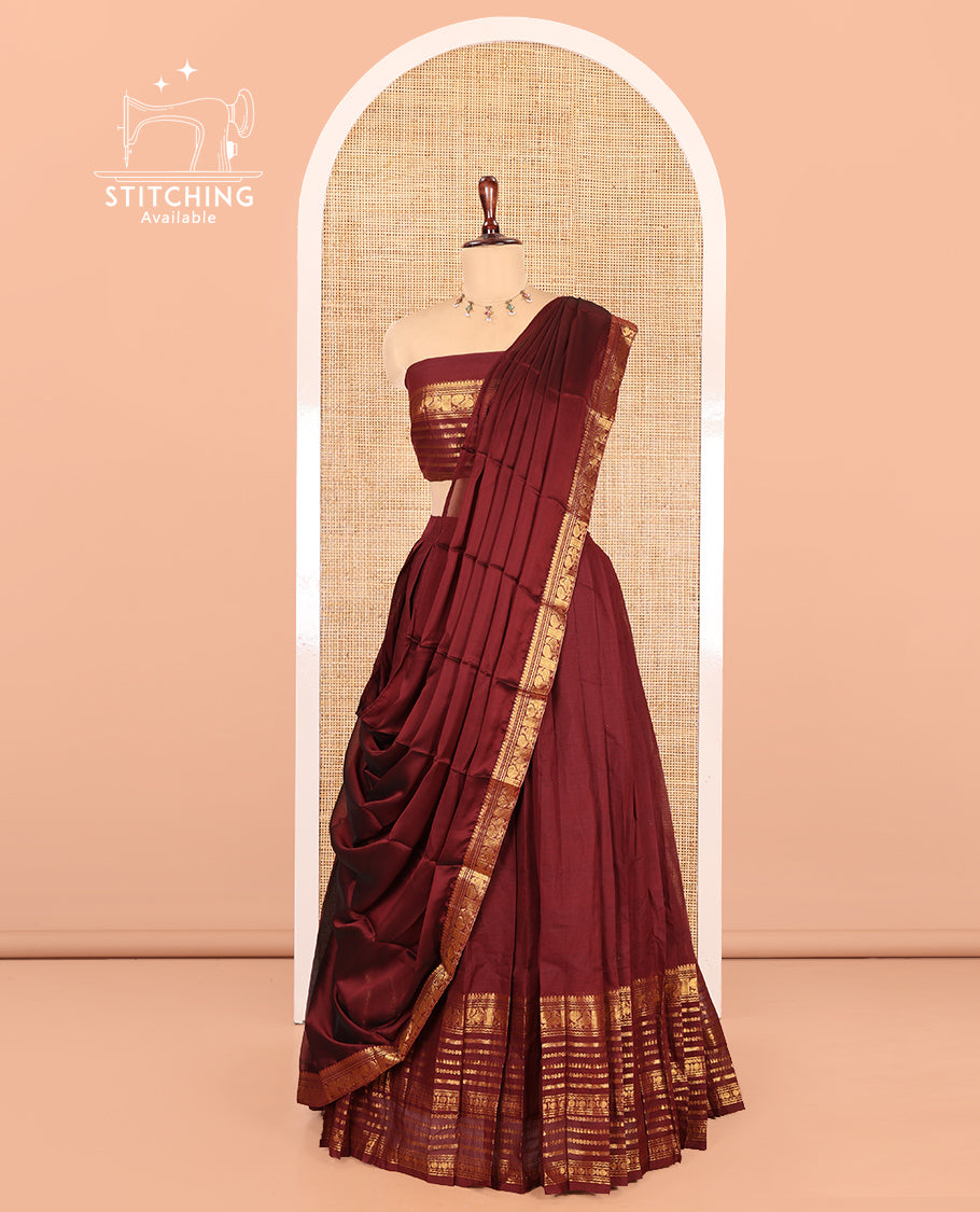 Maroon Chettinad Cotton Half-Saree, Plain Big Traditional Zari Bordered Skirt, Matching Blouse, and a Matching Dhavani