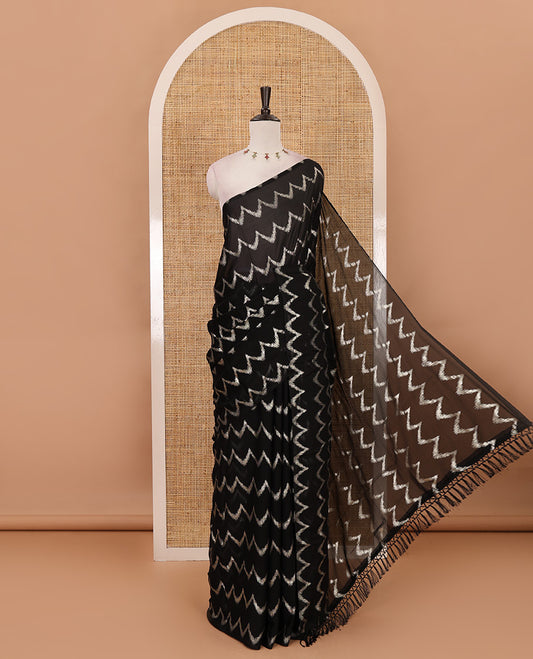 Borderless black zig-zag stripes foil printed rangoli saree, running blouse