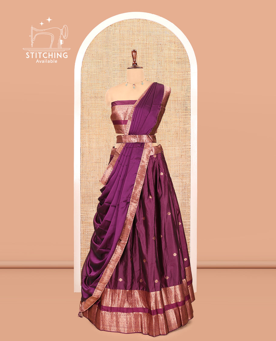 Dark Purple Semi-Silk Half-Saree, Elevated with Zari Buttas Woven Skirt, a Rettai Pettu Traditional Border, a Matching Blouse, and Dhavani