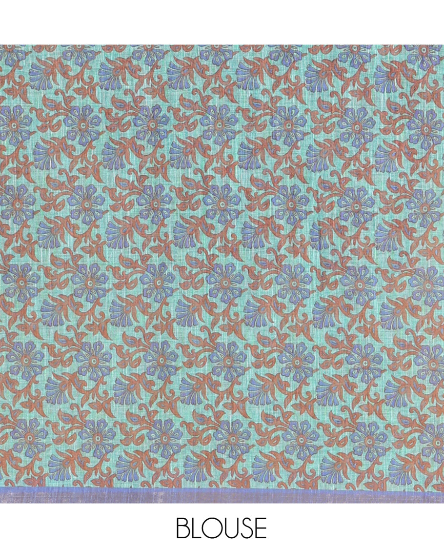 Royal Blue Shibori Printed Linen Cotton Saree, a Piping Border, Floral Pallu, and a Contrast Blouse