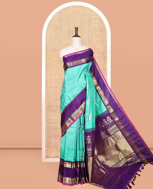 Turquoise Gadwal Silk Saree, Sparsely Threaded with Checks, Complemented by a Contrast Traditional  Zari Border, Gleaming Zari Pallu, and a Contrast Blouse