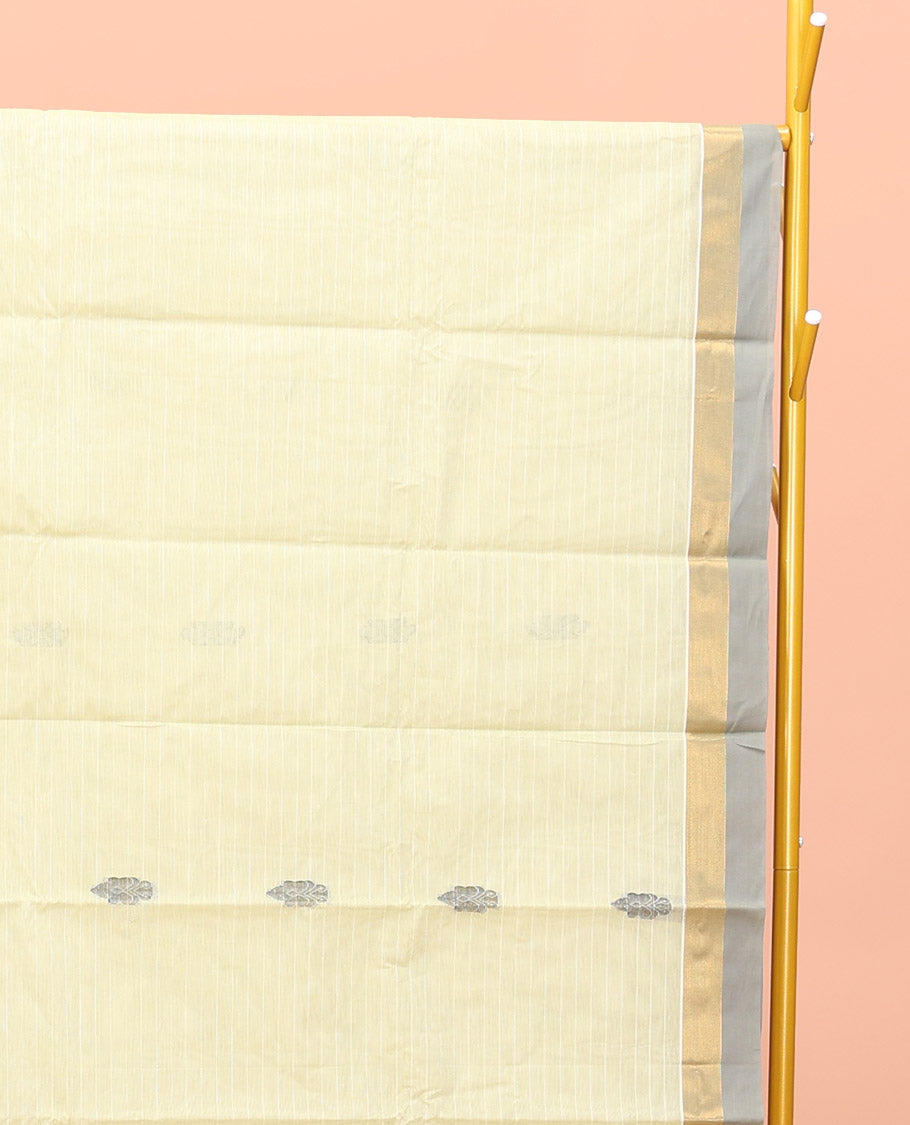 Pale Yellow Kanchi Cotton Saree, Woven with Buttas All Over Its Body, a Complemented by Contrast Border, Pallu of Intricate Designs, and Paired with a Matching Blouse