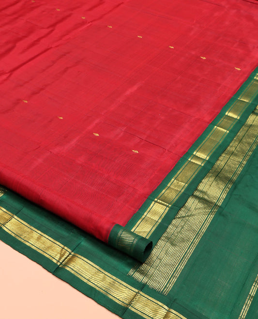 Red Kanchipuram Silk Saree Featuring Zari Buttas, Complemented by a Contrast One-Sided Korvai Zari Design Border, Zari Design Pallu, and No Blouse