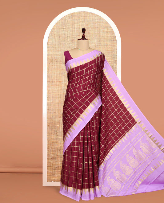 Maroon Mysore Silk Saree Features Checked Pattern, Contrast Temple Border, a Grand Pallu, and a Contrast Blouse