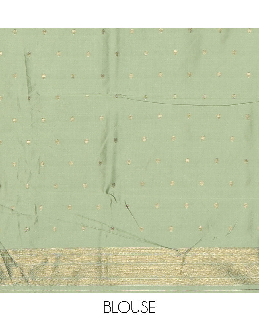 Brown Kanchi Silk Saree, Adorned with Zari Buttas All Over Its Body, Complemented by a Contrast Border of Flower Motifs, Pallu Features Intricate Designs, and Paired with a Contrast Blouse