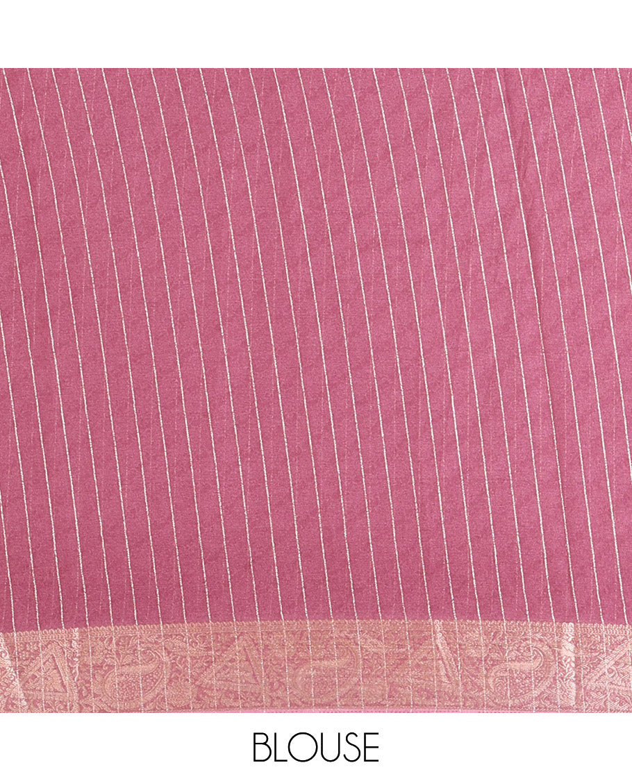 Lavender Moss Chiffon Saree, Gleamed Up with Vertical Zari Stripes All Over Its Body, Highlighted by a Zari Border of Paisleys and Diamond Designs, a Self-Pallu, and Paired with a Matching Blouse