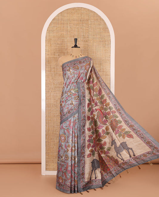 Grey kalamkari floral vine printed fancy tussar saree, floral printed border, Tree of life printed pallu, and a matching blouse