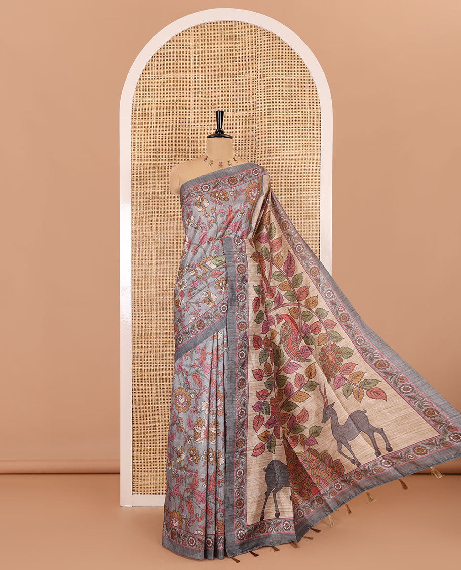 Grey kalamkari floral vine printed fancy tussar saree, floral printed border, Tree of life printed pallu, and a matching blouse