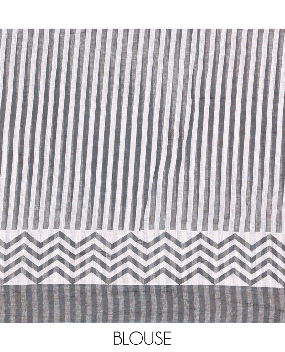 Pink Linen Cotton Saree, Bedecked with Mirror Work All Over Its Body, Subtly Scallop Border, Complemented by Contrast Pallu of Stripes and Mirror Work, and Paired with a Contrast Geometric Printed Blouse