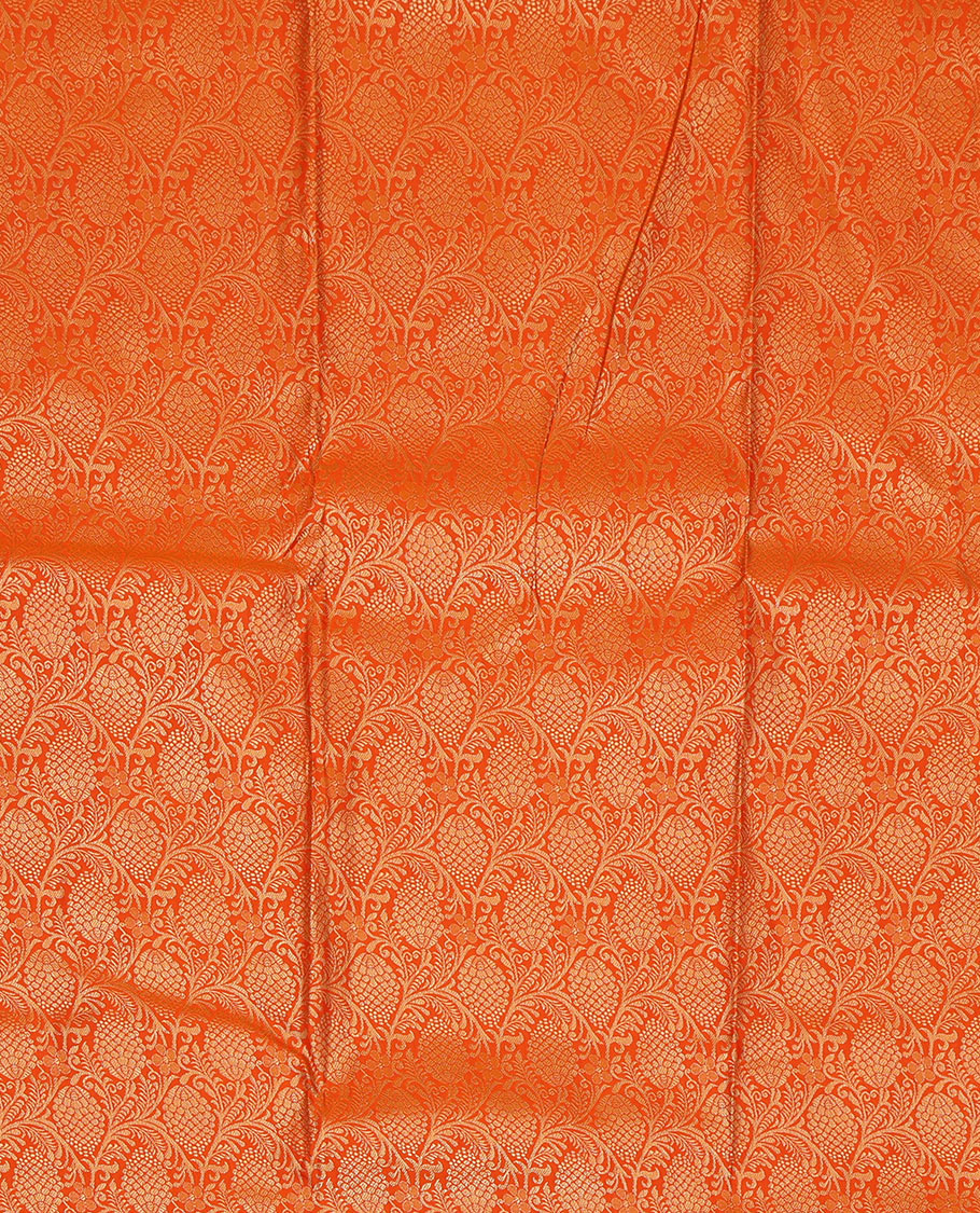 Orange Art Silk Pavadai Material, Delicately Woven with Jacquard Design, Contrast Floral-Bird Zari Design Border, and a Contrast Blouse
