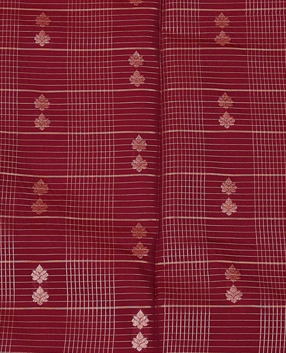 Burgundy Art Silk Pavadai Material Set, Featuring Zari Buttas Enclosed Checks All Over the Skirt, Complemented by a Contrast Traditional Zari Design Border, and Paired with a Contrast Blouse