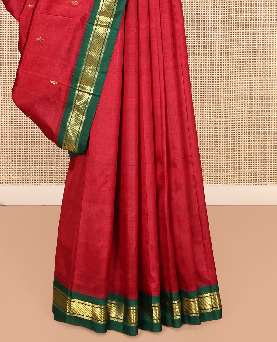 Red Kanchipuram Silk Saree Featuring Zari Buttas, Complemented by a Contrast One-Sided Korvai Zari Design Border, Zari Design Pallu, and No Blouse