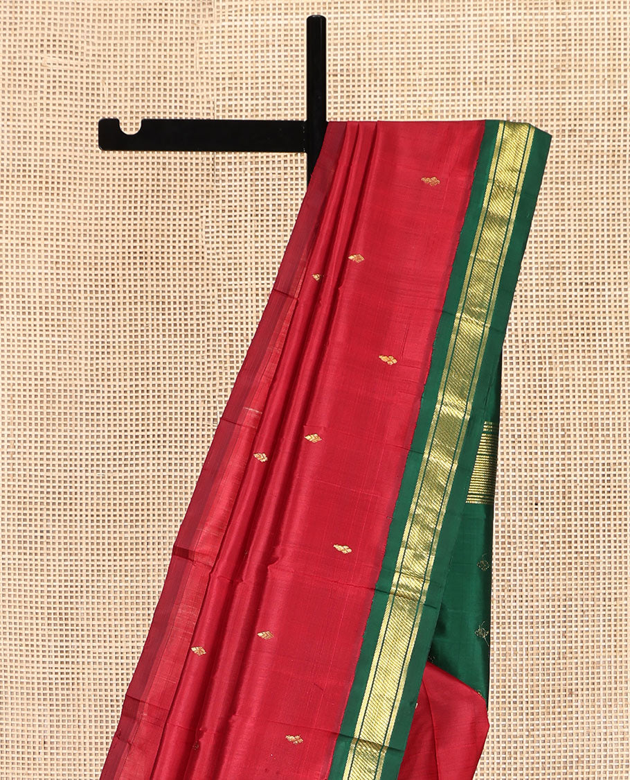 Red Kanchipuram Silk Saree Featuring Zari Buttas, Complemented by a Contrast One-Sided Korvai Zari Design Border, Zari Design Pallu, and No Blouse