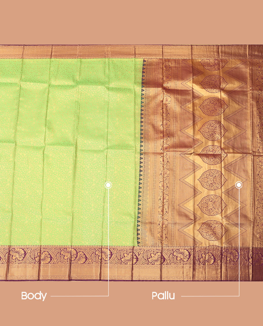 Light Green Budget Silk Saree, Decked Up with Jacquard Design, Complemented by Contrast Traditional Zari Border, a Grand Pallu and a Contrast Blouse