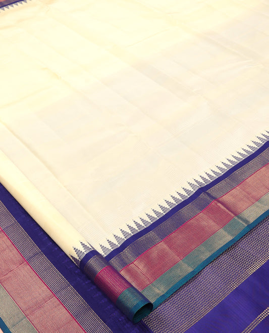 Cream Bangalore Silk Saree, Complemented by a Contrast Temple Border, Pallu  of Geometric Designs, and a Contrast Blouse