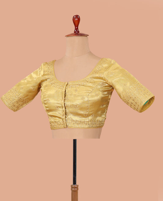 Bright gold thread embroidered front-back round neck elbow sleeve blouse