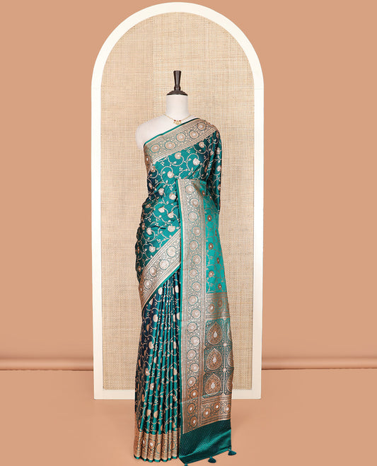 Green floral jaal jacquard banarasi silk saree, floral creeper stone border, and thilakam butta enclosed checked pallu