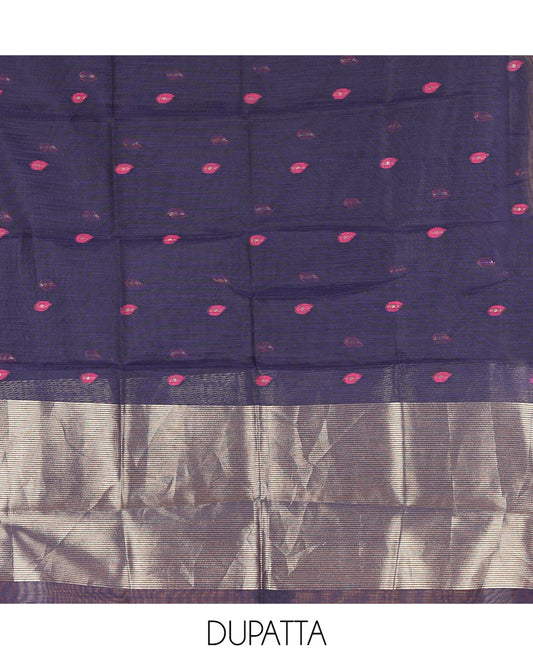 Blue Semi-Linen Material Churidar, Delicately Woven with Thread Buttas Skirt, a Plain Bottom, and a Thread Buttas Dupatta