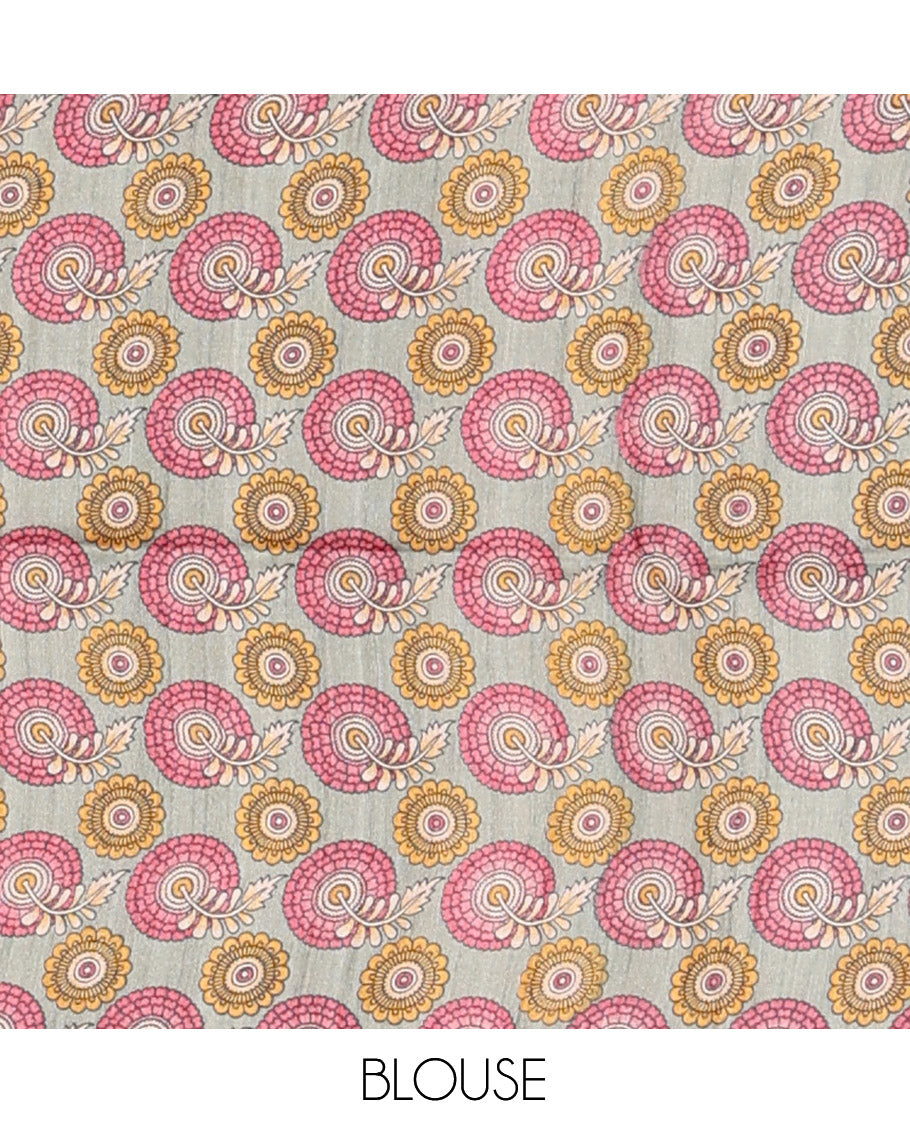 Pink Tussar Silk Saree, Boldly Accentuated with Kalamkari Human Figurines Print, Self-Border, Printed Pallu, and a Contrast-Printed Blouse