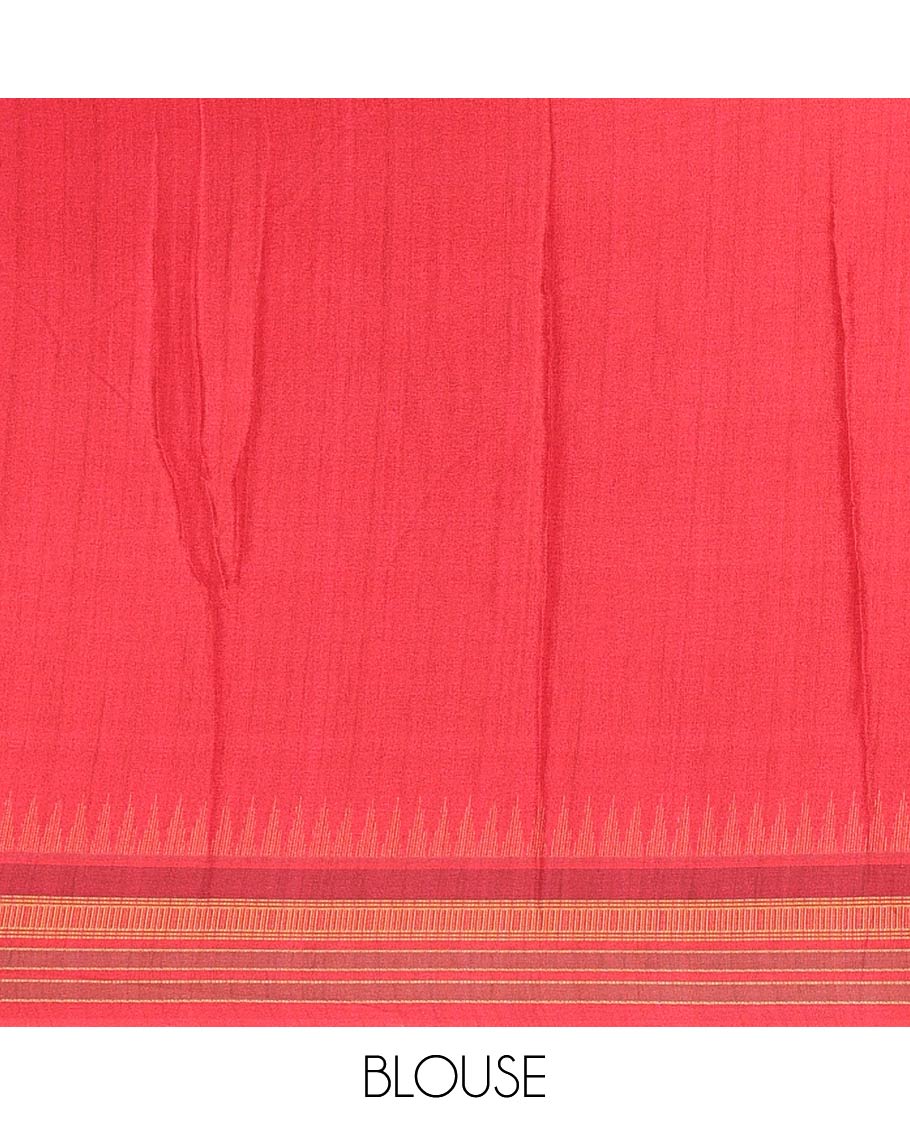 Tomato red patola style geometric printed Italian Crepe saree, contrast temple ikkat printed border, Kalamkari printed pallu, and a printed bordered blouse