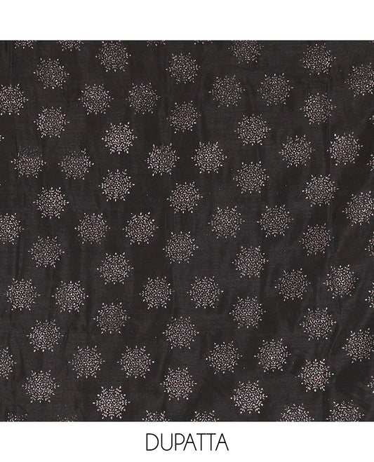 Black Semi-Silk Material Churidar Set, Floral Embroidered Top, a Matching Bottom, and a Scallop Foil Printed Dupatta