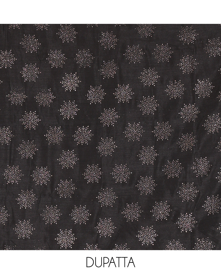 Black Semi-Silk Material Churidar Set, Floral Embroidered Top, a Matching Bottom, and a Scallop Foil Printed Dupatta