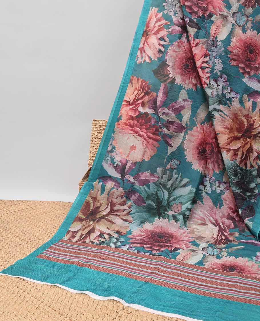 Blue floral printed crush tissue saree with self-border & striped pallu