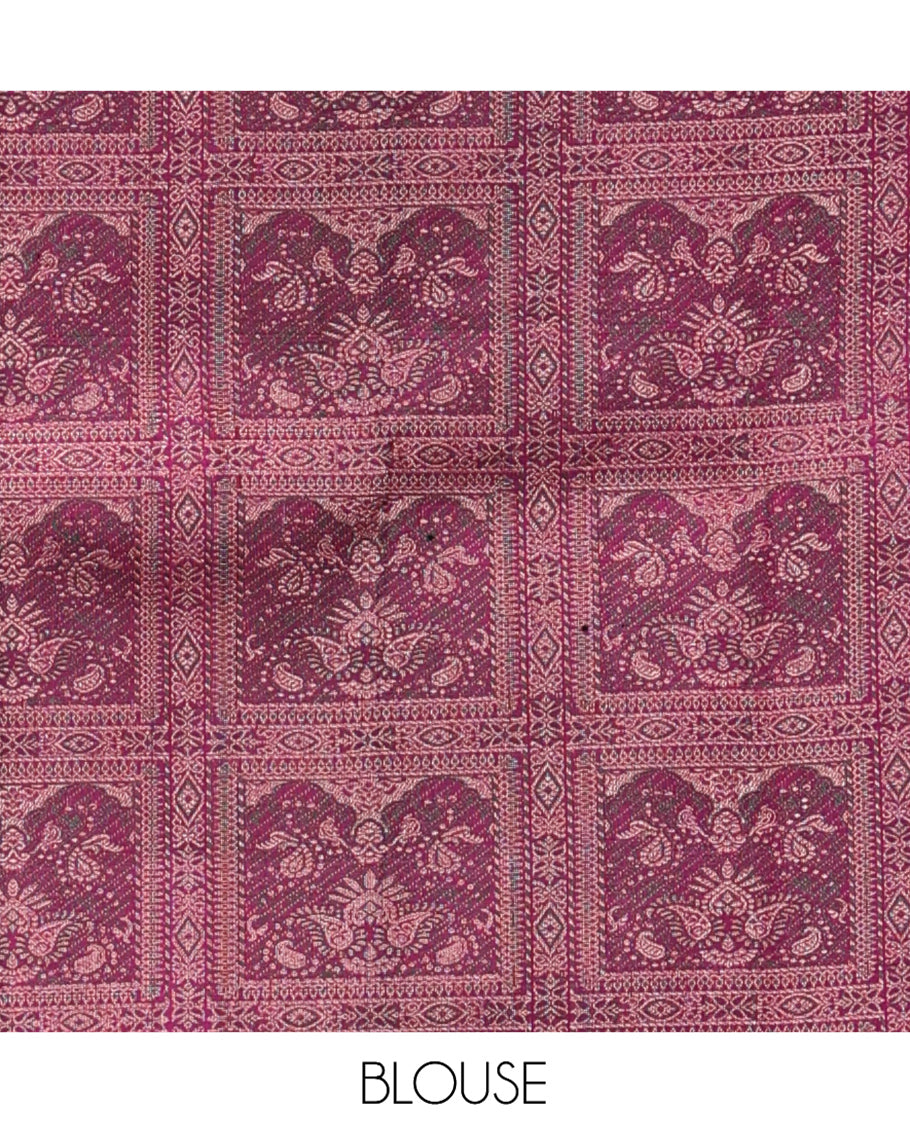 Borderless Pink Kanchipuram Designer Silk Saree, Artfully Detailed with Zari Buttas and Stripes, a Contrast Pallu Steeped with Geometric Designs, and a Contrast Blouse