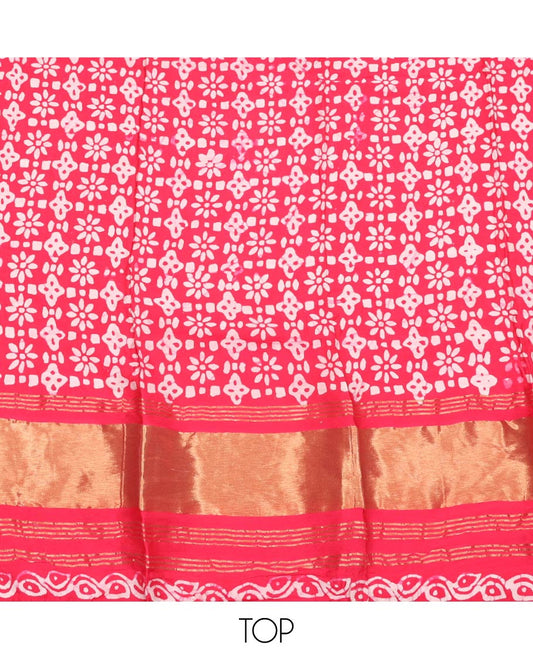 Pink Material Chudidar Set, Adorned with Batik Printed Chanderi Cotton Top, a Plain Cotton Bottom, and Paired with Batik Printed Chanderi Cotton Dupatta