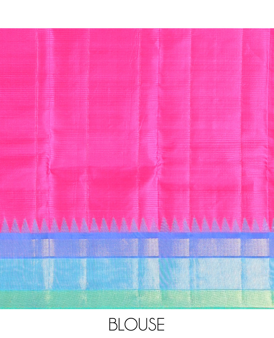 Parrot Green-Striped Bangalore Silk Saree, Complemented by a Contrast Temple Ganga-Jamuna Border, Pallu of Temple and Neli Designs, and a Contrast Blouse