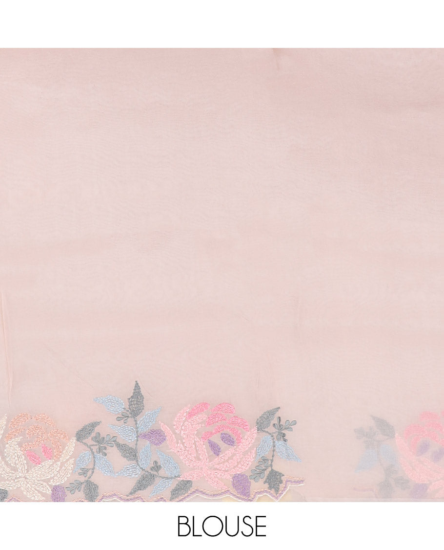 Baby pink organza saree with self floral embroidery, scallop border
