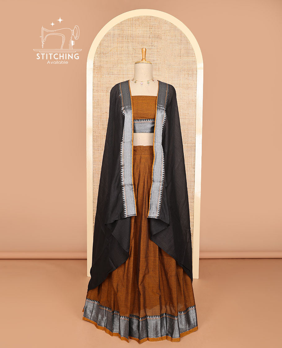 Brown cotton half saree with self zari design border, zari design blouse & plain, temple, checked design border dhavani
