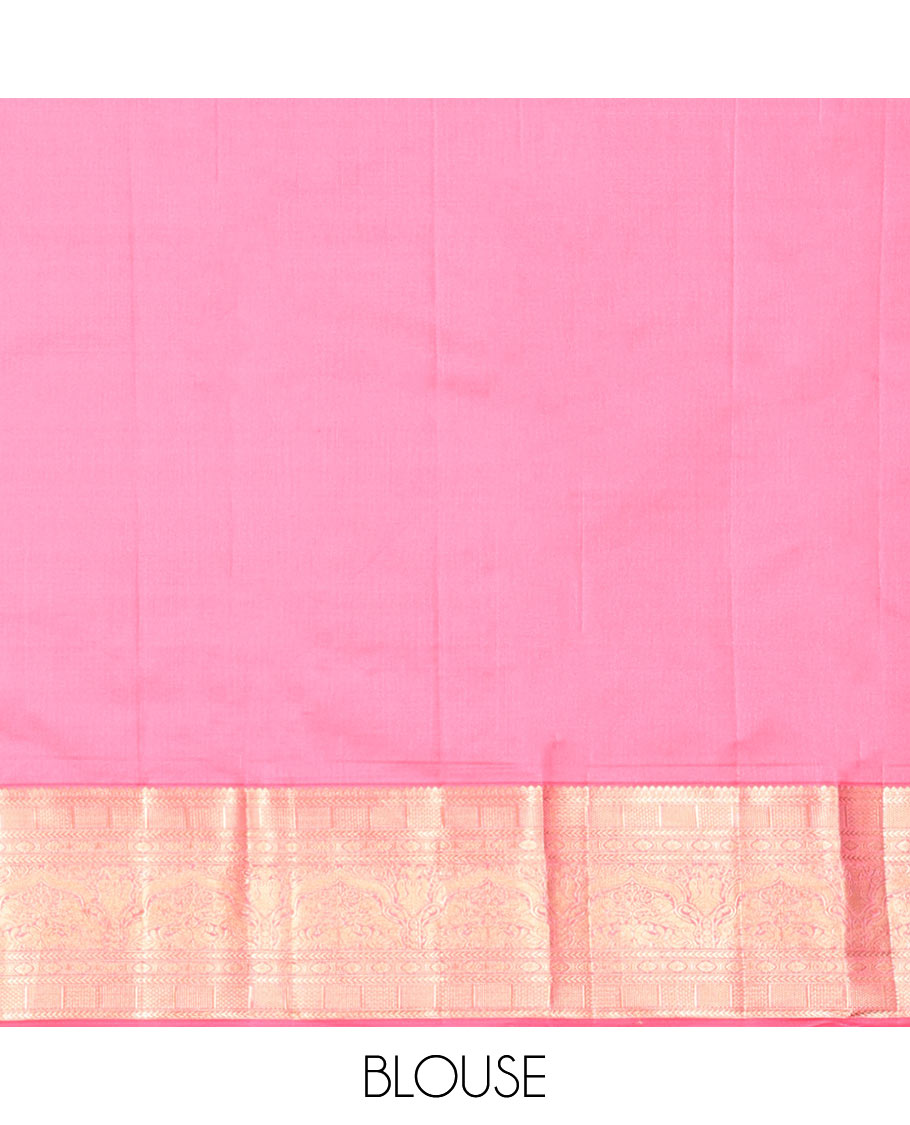 Peach Vasundhara Silk Saree, Delicately Woven with Annam Buttas, Contrast Border of Thilakam, Kathir, Mayil Kann, Kamalam, Mayil, and Yaali, Grand Pallu, and a Matching Blouse