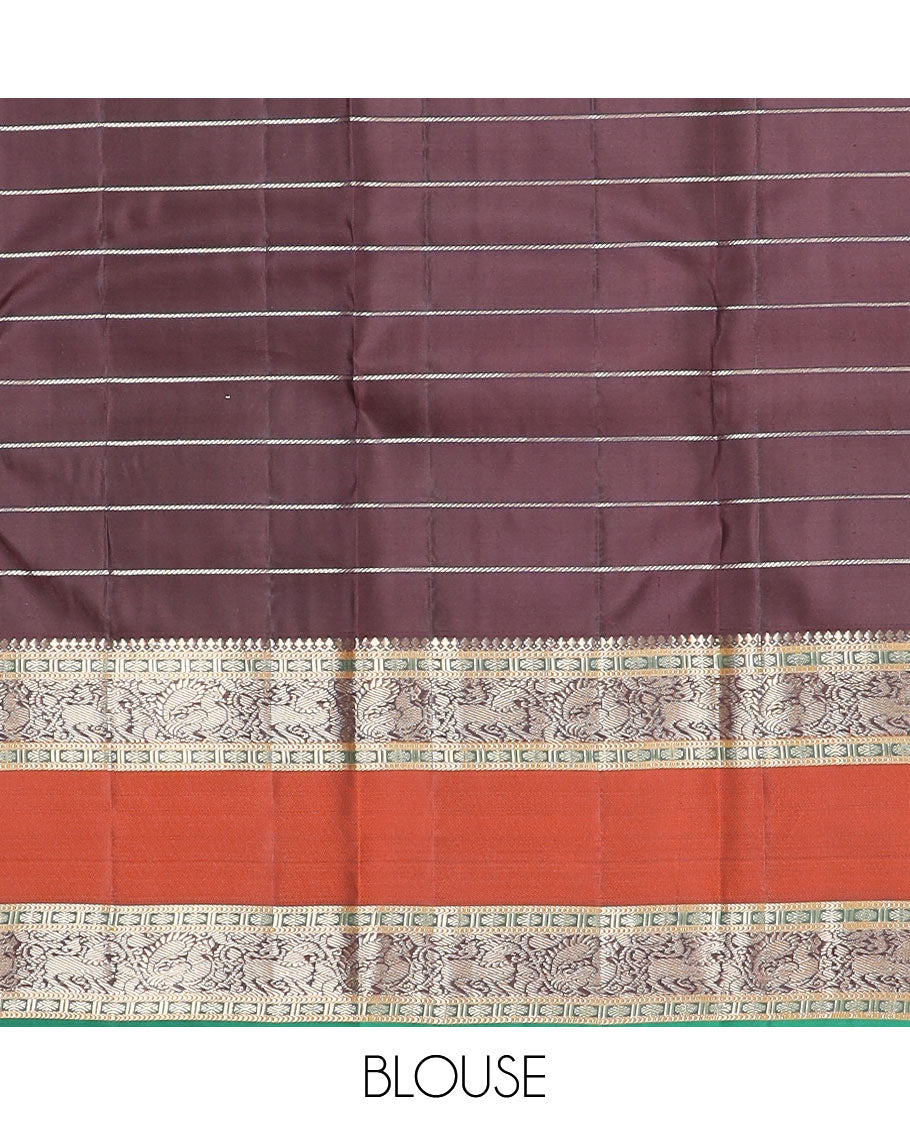 Green checked silk saree with contrast rettai pettu border of thilakam mokku, paun, muthu design & zari design pallu