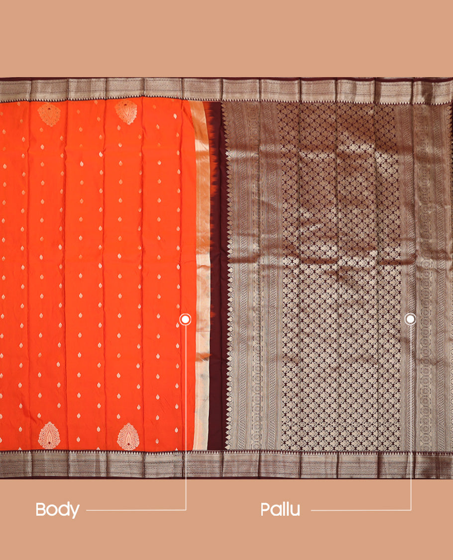 Orange Budget Silk Saree, Accentuated with Zari Buttas All Over Its Body, Complemented by a Contrast Traditional Zari Design Border, Intricately Designed Pallu, and Paired with a Contrast Blouse