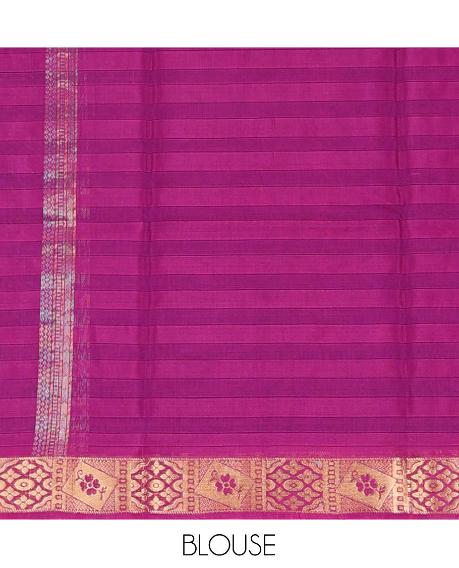 Purple Silk Cotton Saree, Embellished with Zari Buttas and Stripes, Complemented by a Contrast Traditional Zari Border, Floral Jaal Pallu, and a Contrast Blouse